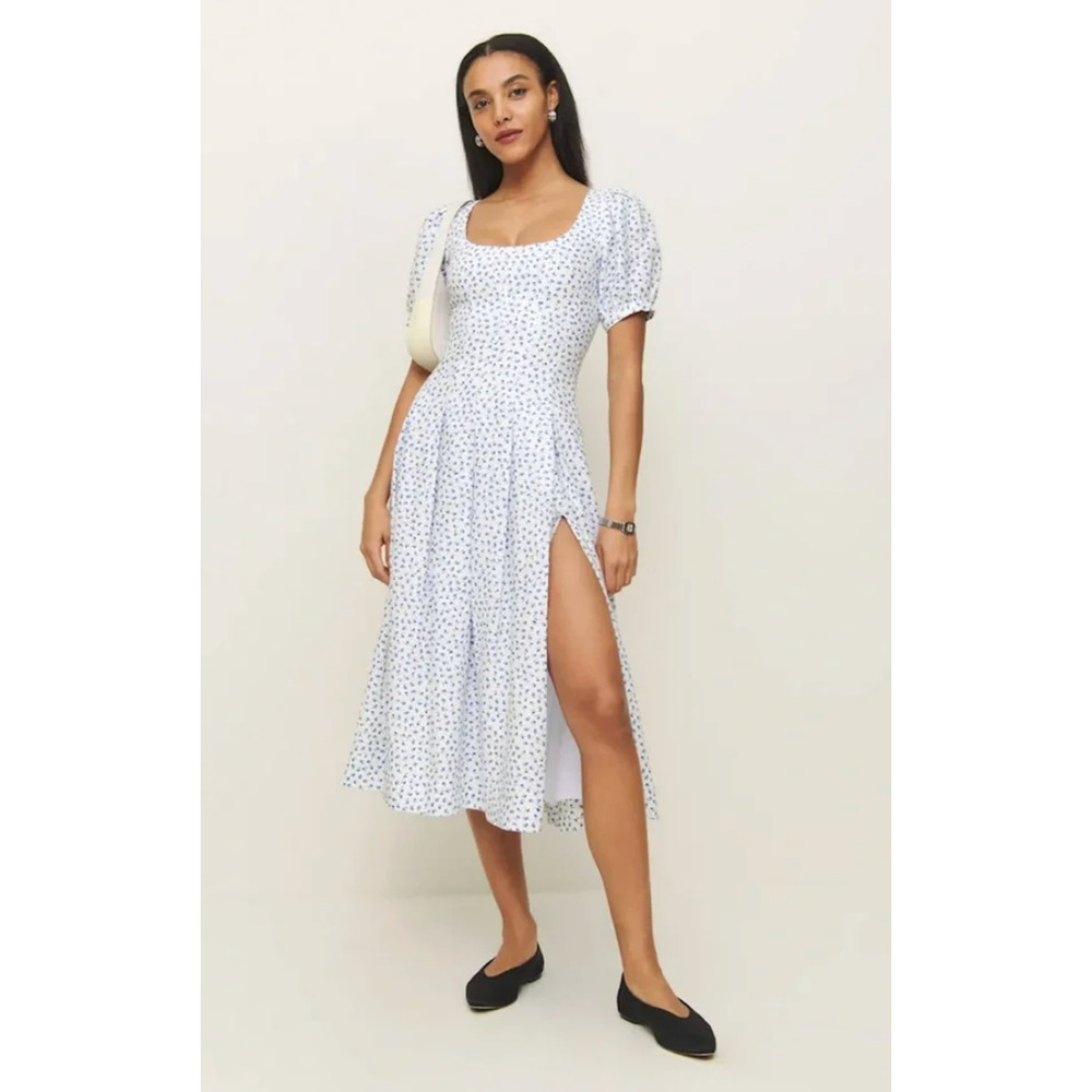 Reformation 6 Coucou 100% Linen Midi Dress Puff Sleeve Liberty Floral Blue White - Picture 14 of 16
